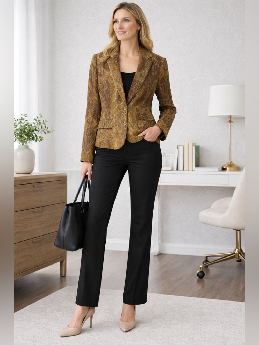 Insight Women's Sz 10 Gold Paisley Print Tapestry Two Button Lined Blazer Jacket